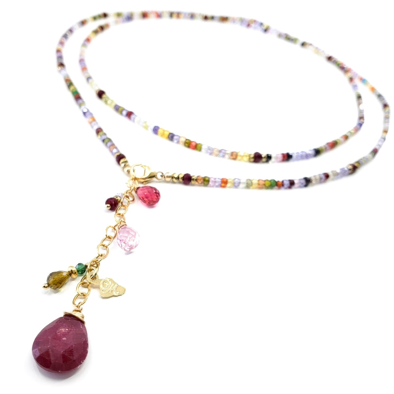 Long Multi Gemstones Necklace with Ruby