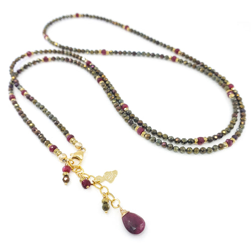 Long Mystic Pyrite Gold Necklace with Rubies