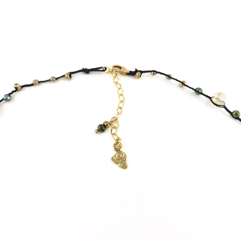 Black Braided Necklace with Green and Gold Gemstone Beads and Pyrite