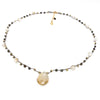 Gray Braided Necklace with Gold Gemstone Beads and Rutilated Quartz