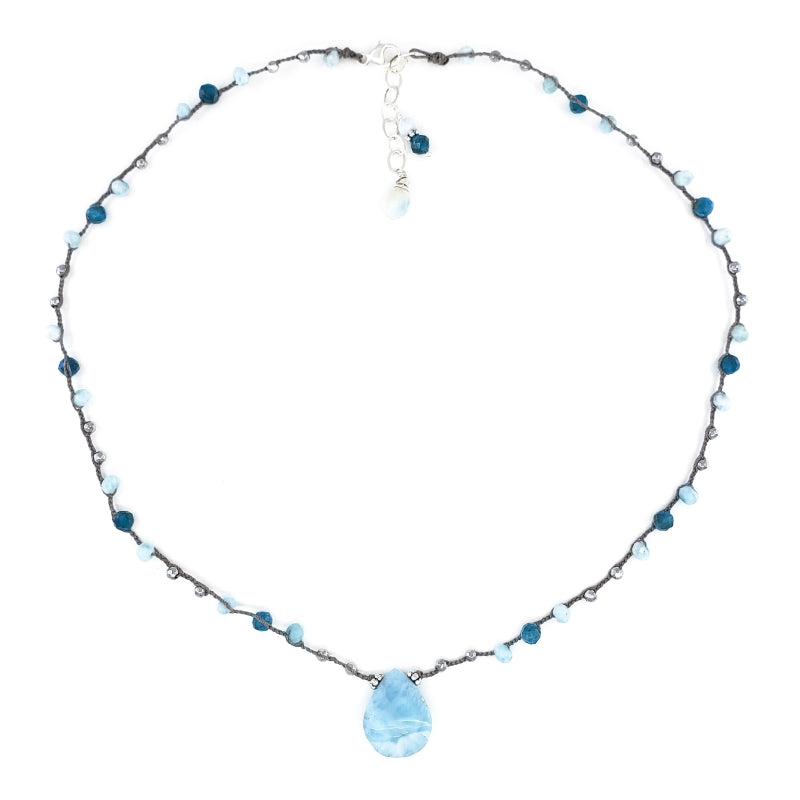 Gray Braided Necklace with Sterling Silver, Blue Gemstone Beads & Larimar