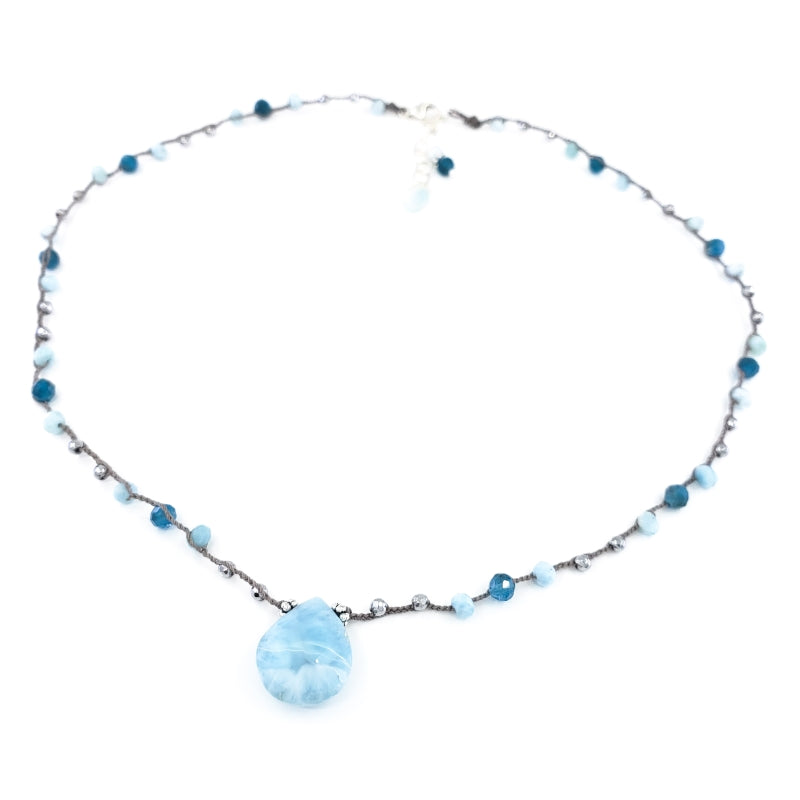 Gray Braided Necklace with Sterling Silver, Blue Gemstone Beads & Larimar