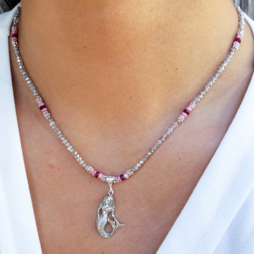Sterling Silver Mermaid Necklace with Quartz and Ruby