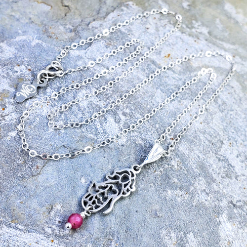 Honolua Necklace - Sterling Silver Mermaid with Pink Tourmaline on 16”, 18” or 20” Sterling Silver Chain