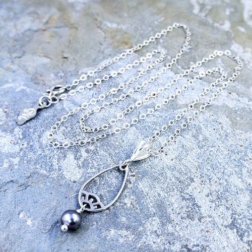 Pikake Necklace - Sterling Silver Pikake Flower with Black Freshwater Pearls on 16”, 18” or 20” Sterling Silver Chain