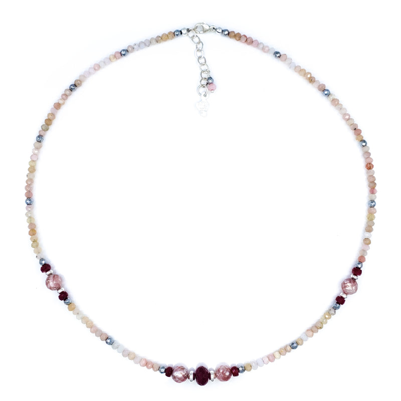 Pink Opal and Rubies Sterling Silver Necklace