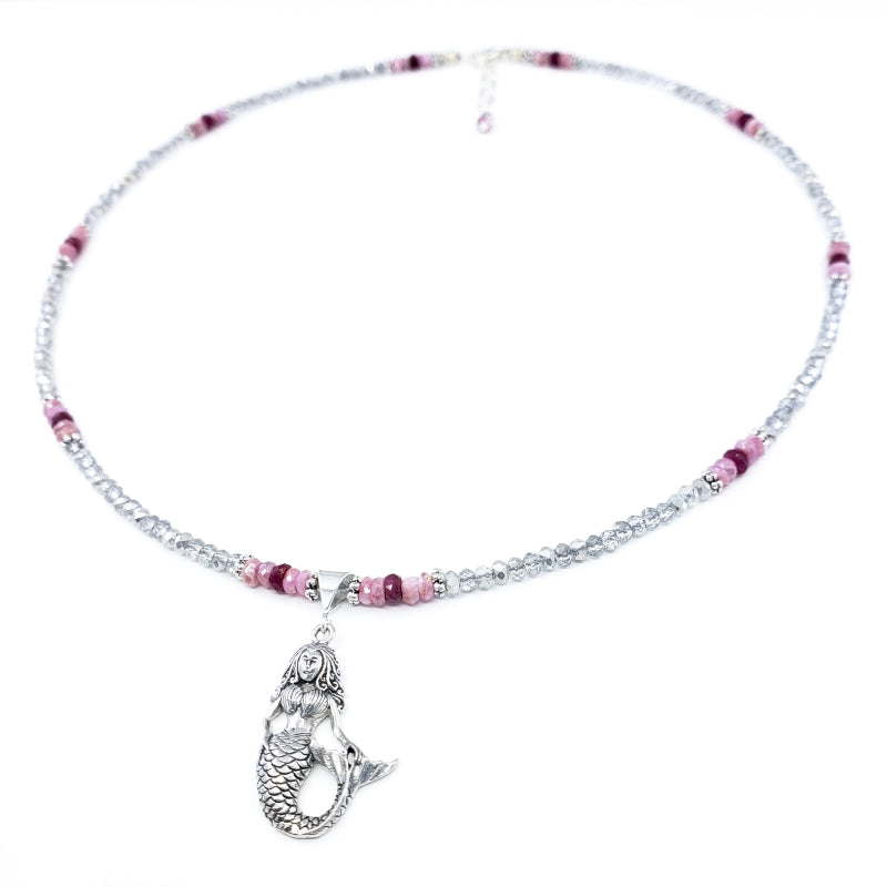 Sterling Silver Mermaid Necklace with Quartz and Ruby
