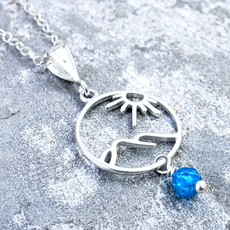 Haleakala Necklace - Sterling Silver Sun & Volcano with Blue Apatite on 16”, 18” or 20” Sterling Silver Chain