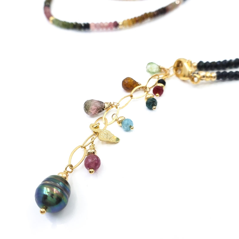 Long Tourmaline Gold Necklace with Tahitian Pearl