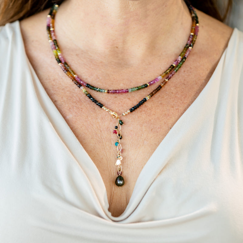 Long Tourmaline Gold Necklace with Tahitian Pearl