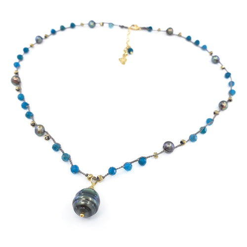 Gray Braided Necklace with Blue and Gold Gemstone Beads and Tahitian Pearl