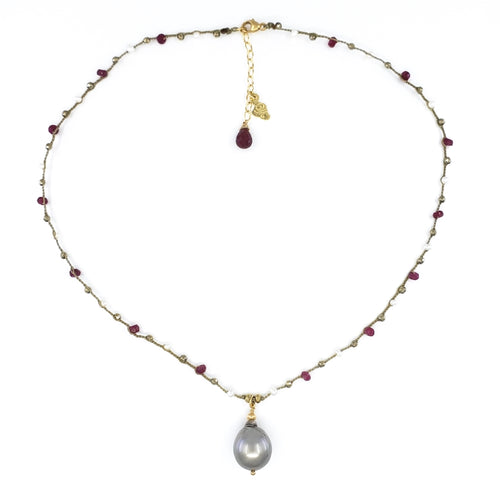 Taupe Braided Necklace with Red and Gold Gemstone Beads and Tahitian Pearl