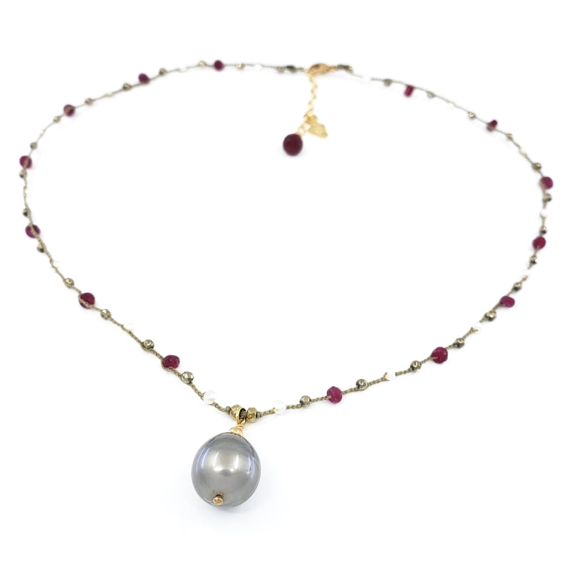 Taupe Braided Necklace with Red and Gold Gemstone Beads and Tahitian Pearl