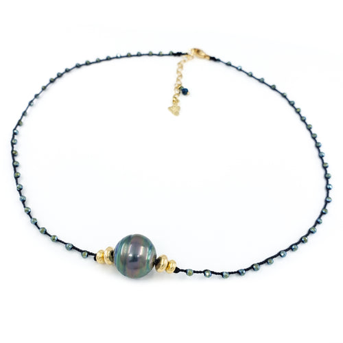 Black Braided Necklace with Hematite Gemstone Beads and Tahitian Pearl