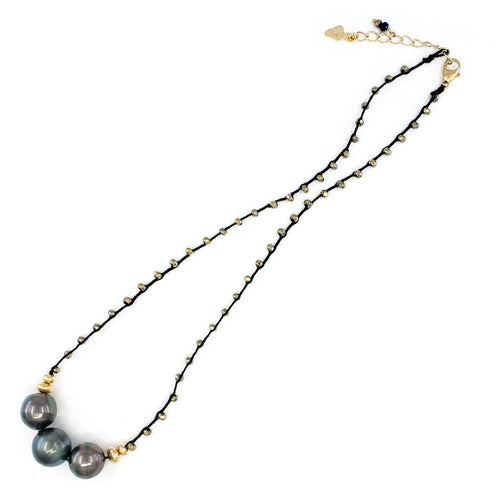 Black Braided Necklace with Pyrite Gemstone Beads and 3 Tahitian Pearls