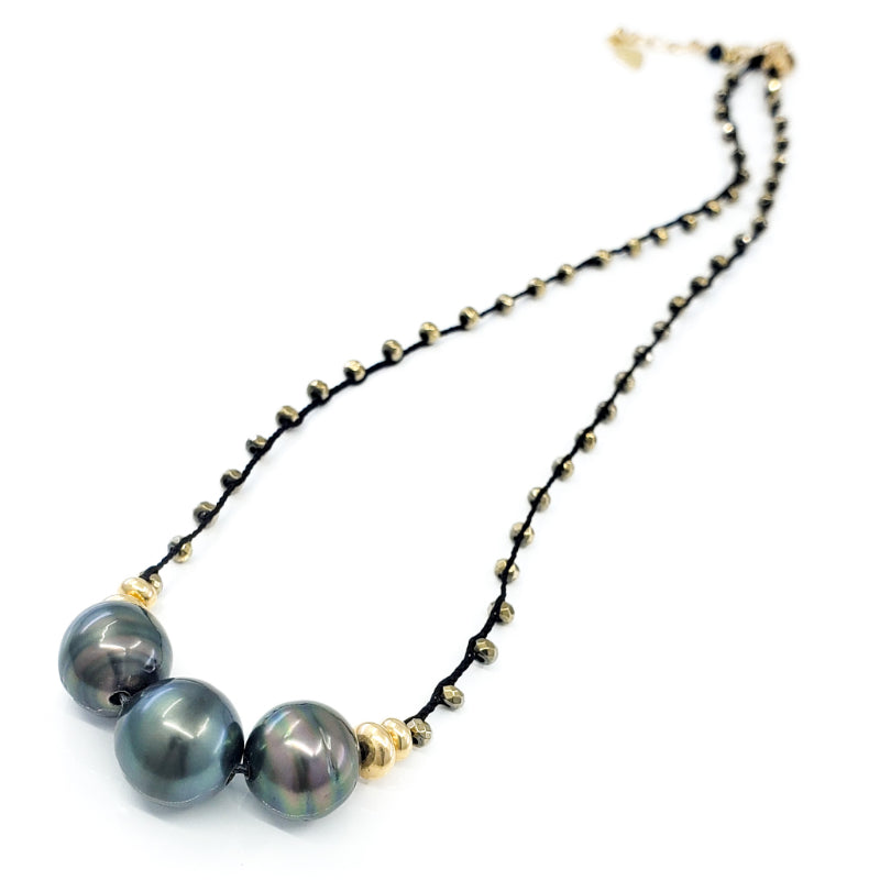 Black Braided Necklace with Pyrite Gemstone Beads and 3 Tahitian Pearls