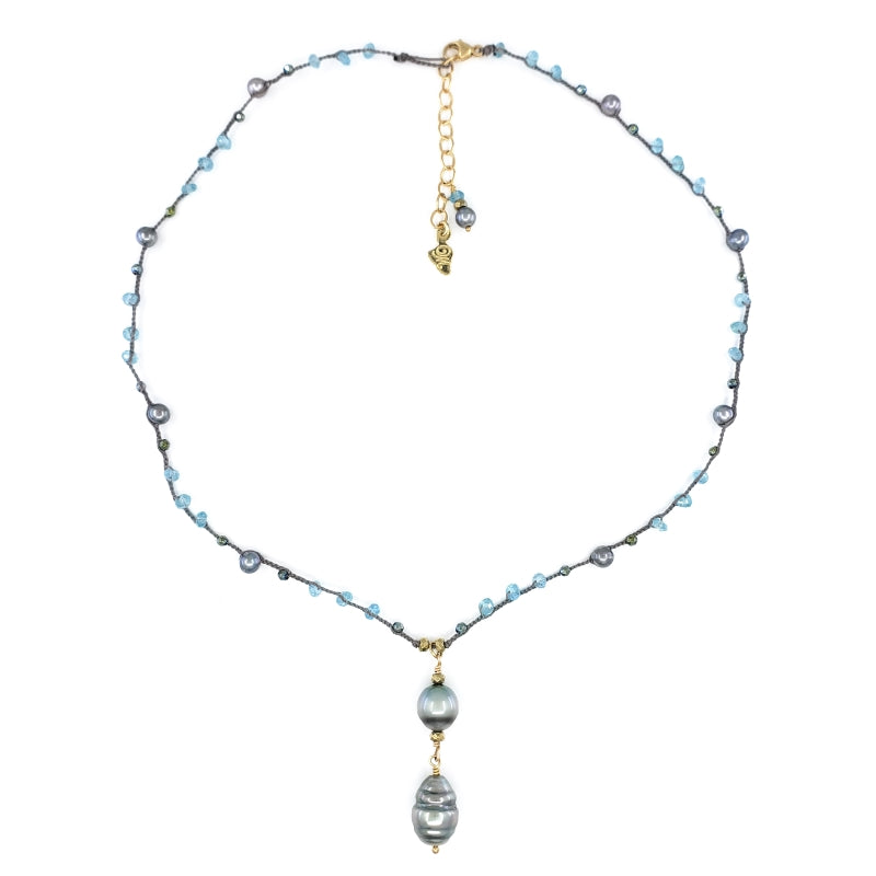 Gray Braided Necklace with Blue Gemstone Beads and 2 Tahitian Pearls