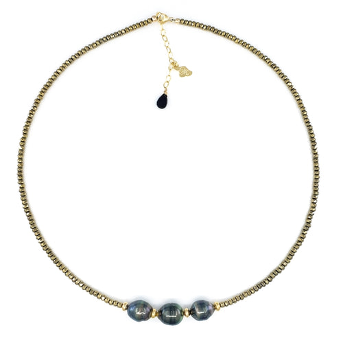 3 Tahitian Pearls & Pyrite Necklace