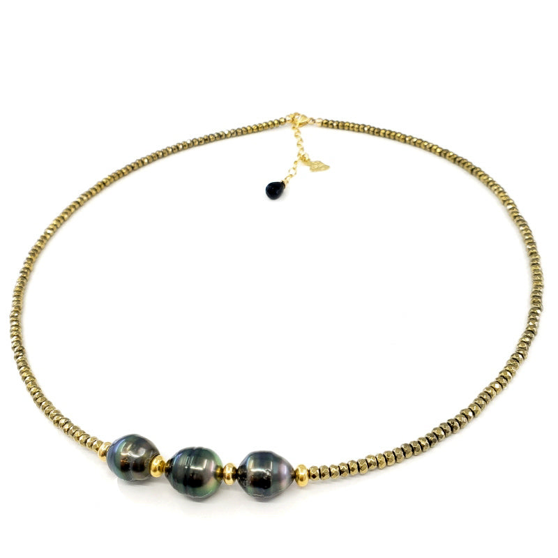 3 Tahitian Pearls & Pyrite Necklace