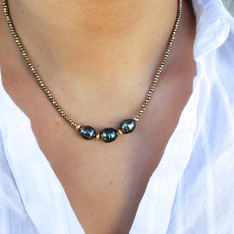 3 Tahitian Pearls & Pyrite Necklace