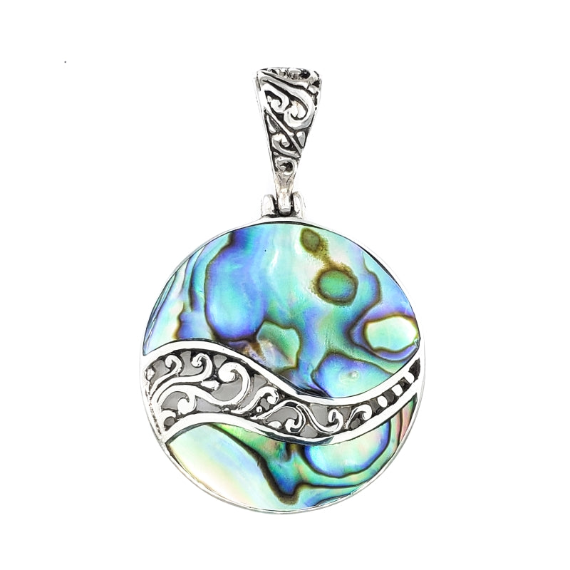 Round Abalone Shell Pendant with Filigreed Sterling Silver Waves