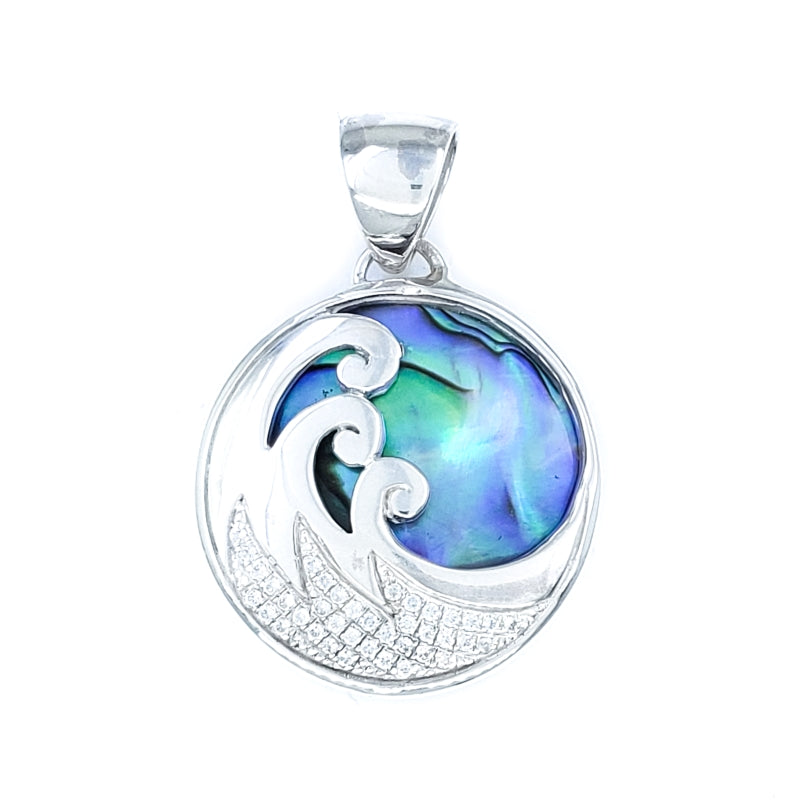 Delicate Sterling Silver Wave Pendant with Abalone Shell & Cubic Zirconia