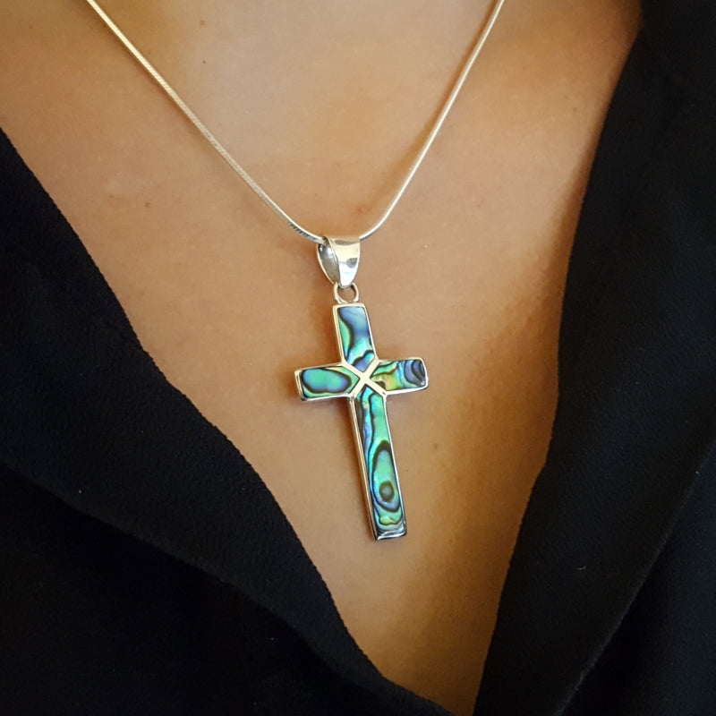 Sterling Silver Cross Pendant with Blue Opal Inlay