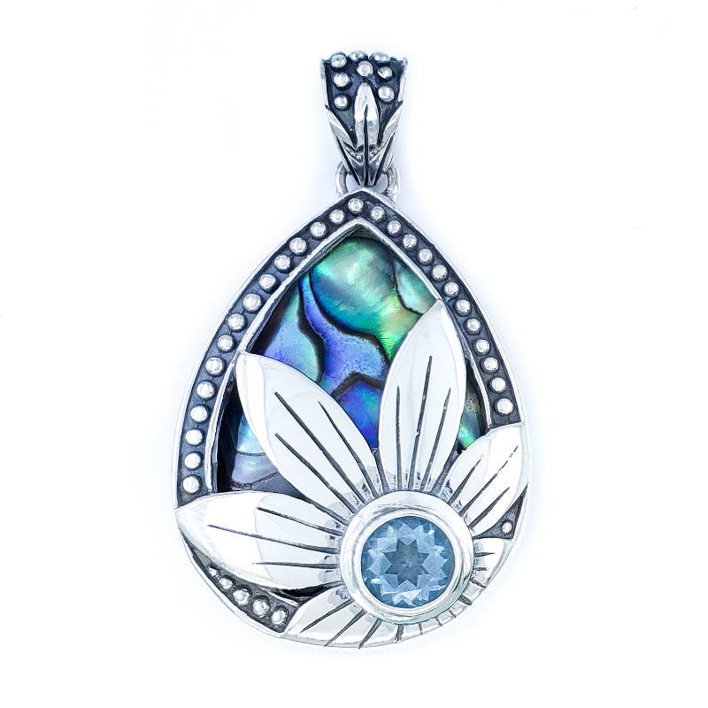 Sterling Silver & Abalone Shell Pendant with Blue Topaz