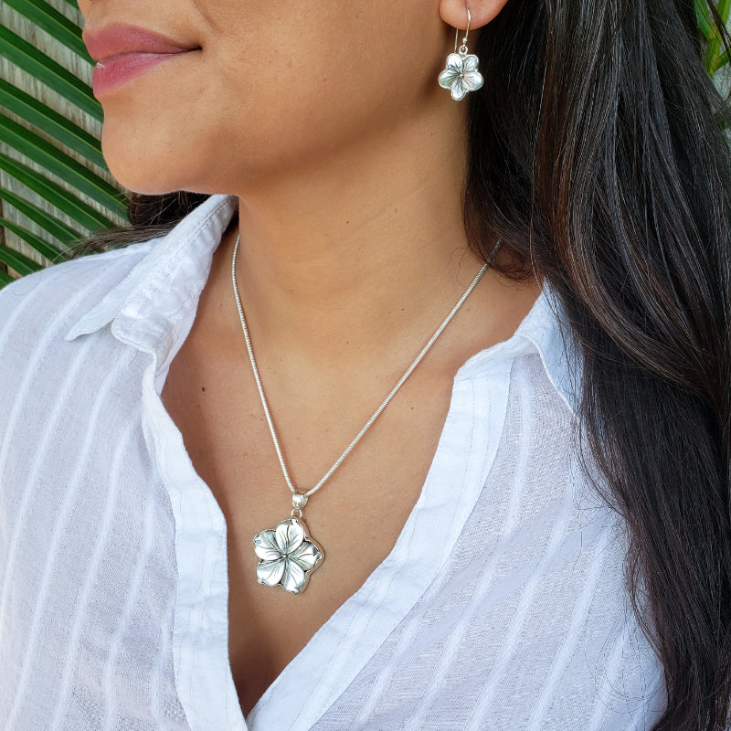 Gray Mother of Pearl & Sterling Silver Hibiscus Earrings