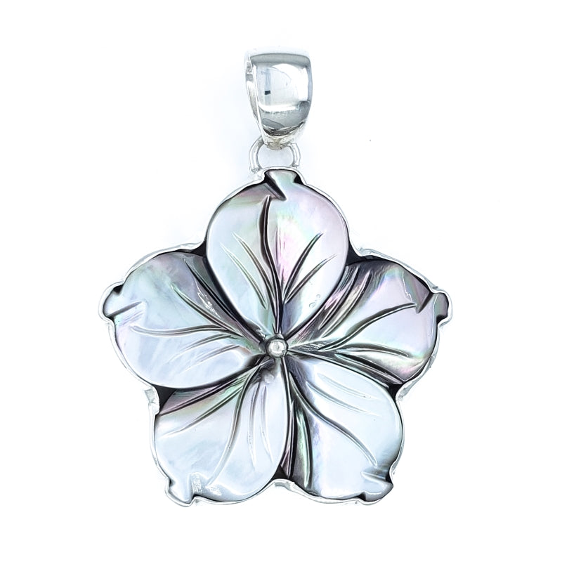 Gray Mother of Pearl & Sterling Silver Hibiscus Pendant