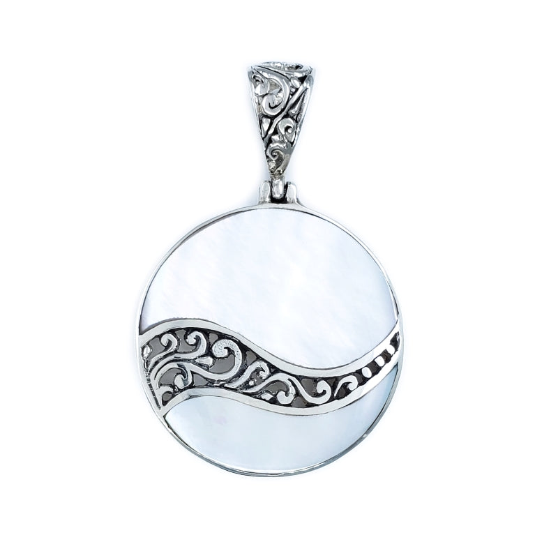 Round Pendant with Filigreed Sterling Silver Waves and White Mother of