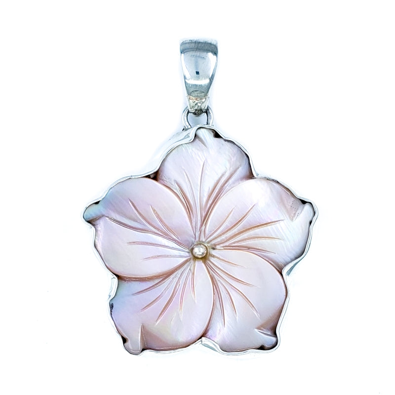 Pink Mother of Pearl & Sterling Silver Hibiscus Pendant