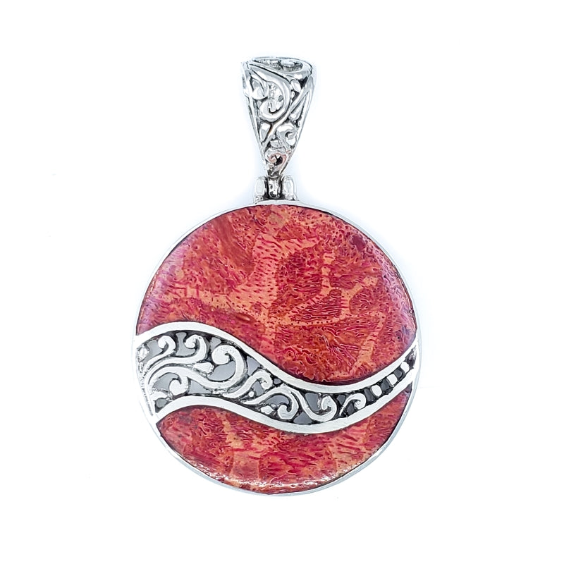 Round Red Coral Pendant with Filigreed Sterling Silver Waves
