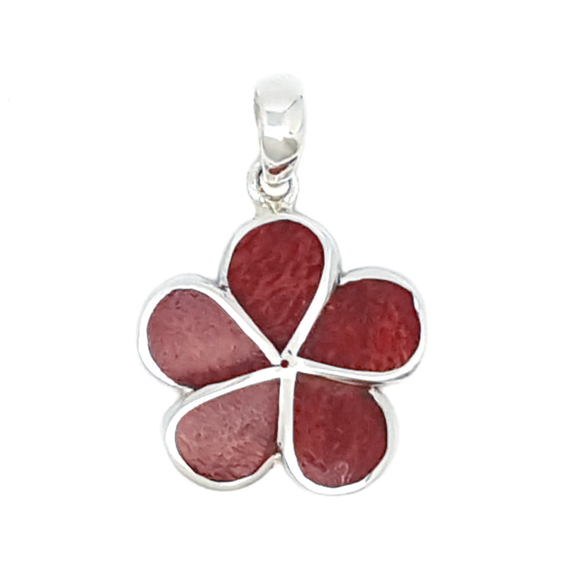 Fancy Red Coral & Sterling Silver Plumeria Flower Pendant