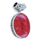 Fancy Large Round Red Coral Pendant with Sterling Silver Filigree