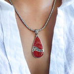 Droplet Red Coral Pendant with Filigreed Sterling Silver Waves