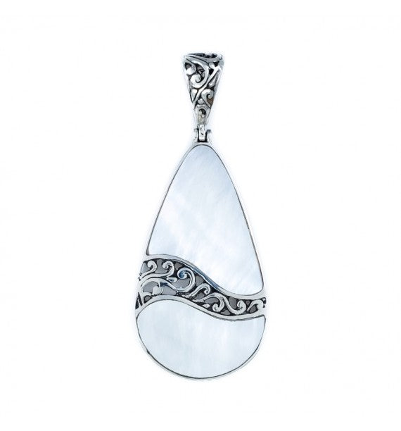 Droplet Pendant with Filigreed Sterling Silver Waves and White Mother of Pearl