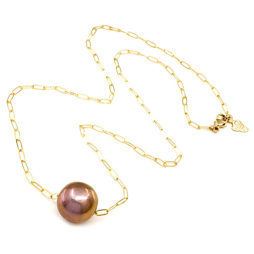 12-13mm Pink Edison Pearl Necklace on Thin 14k Gold Filled Paperclip Chain