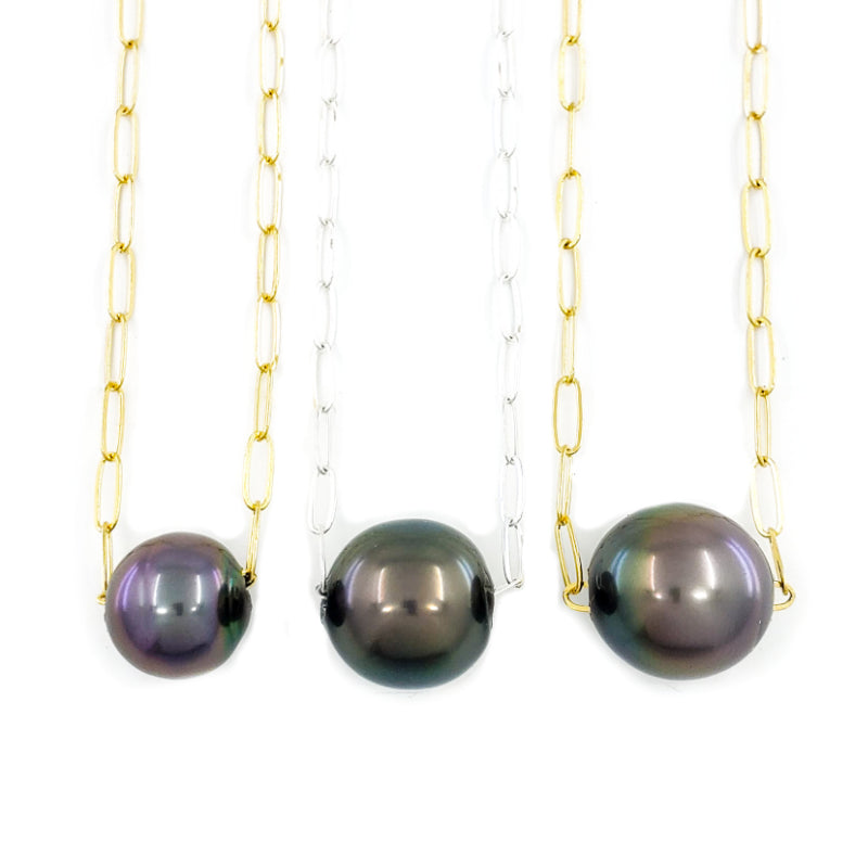 10, 12, or 13mm Tahitian Pearl Necklace on Sterling Silver or 14k Gold Filled Paperclip Chain