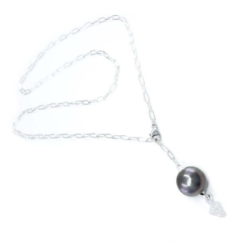 11-12mm Tahitian Pearl Necklace on Thick Sterling Silver Paperclip Chain